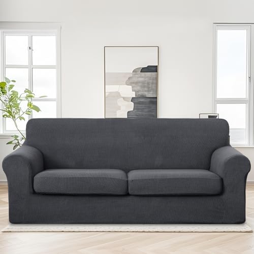U-NICE HOME 3 Pieces Stretch Couch Cover Sofa Slipcover, Dark Grey - Image 2