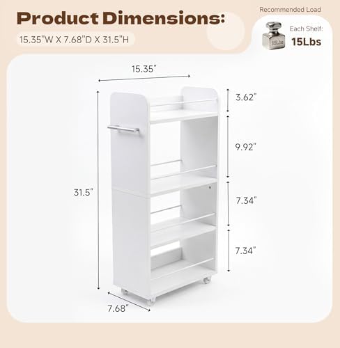 Slim Rolling Storage Cart,4 Tier White Rolling Utility Cart Slide Out Rack - Image 3