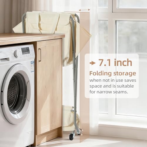 STORAGE MANIAC Collapsible Laundry Cart with Wheels 35.6"H Removable Canvas Bag Rolling Laundry Hamper Clothes Basket with Wheels, Sturdy Steel Frame Folding for Small Narrow Space Easy Storage, Beige - Image 6