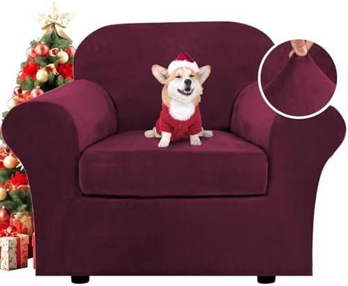 H.VERSAILTEX Rich Velvet Stretch 2 Piece Cover Chair Slipcover Sofa Cover Furniture Protector Couch Soft with Elastic Bottom Chair Couch Cover with Arms Width Up to 49 Inch(Chair, Burgundy) by HVERSAILTEX
