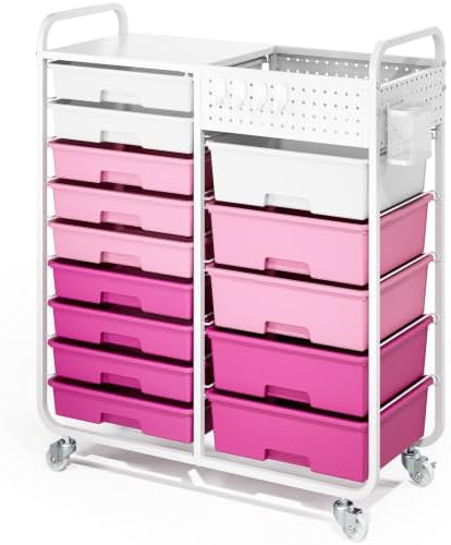 14 Drawer Rolling Storage Cart with Tabletop and Pegboard for Crafts Pink by APEXCHASER