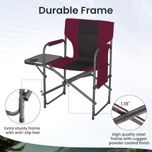 2 Pack Directors Chair 17.5" Seat Height, Bar Height Folding Chair with Side Table, Foldable Camping Chair with Side Pocket for Makeup Artist, Sports Event, Supports 400LBS - Red - Image 7