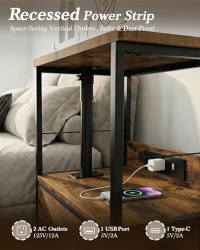 Faesun Swivel Lift Top Nightstand with Charging Station, Rolling Night Stand with Fabric Drawer, Adjustable Bedside Table for Bedroom, Living Room, Brown, Pro - Image 5