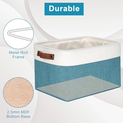 Bagnizer Storage Bins Large Fabric Storage Baskets for Shelves 3 Pack, Decorative Linen Closet Baskets with Handles for Organizing, Shelf, Clothes, Home, Office, 15x11x9.5Inches (Teal&White) - Image 4