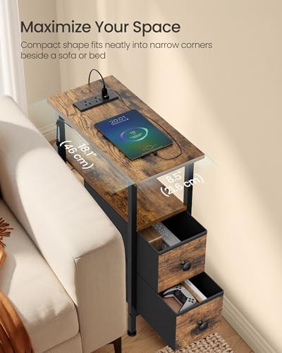 SONGMICS Side Table with LED Light, Narrow End Table with 2 Fabric Drawers - Image 4