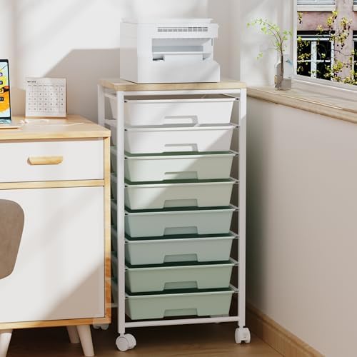 Rolling Cart with 8 Drawers, Storage Drawers Cart with Wooden Tabletop and Lockable Wheels, Craft Storage for Living Room, Office, Classroom, Craft Room, Bedroom - Image 4