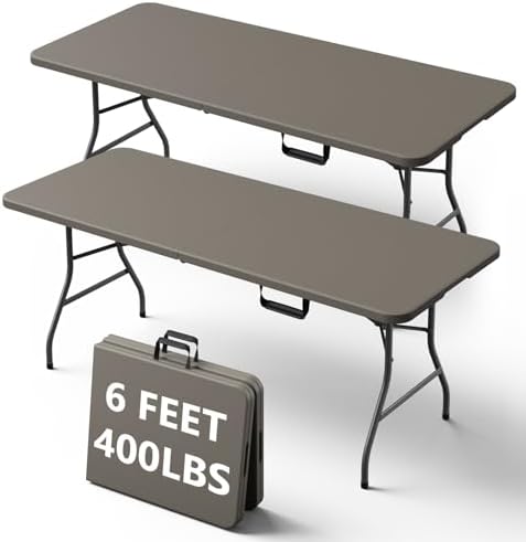 6FT Folding Table, Heavy Duty Plastic Fold-in-Half Utility Table with Handle, Portable Camping Picnic Table with Steel Legs for Indoor Outdoor Party, Dining, Khaki,2 Pack by FoldingFurniture