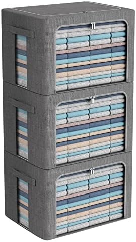 CYhom 3Pack Foldable Storage Bins - Frame Storage Box Linen Fabric Stackable Clothes Container Organizer with Clear Window & Carry Handles Large Capacity (Extra Large-100L, Dark Gray) by CYhom