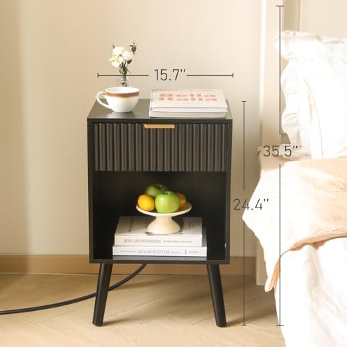 Fultyle Fluted Black Nightstand with Charging Station, Modern Bedside Table - Image 4