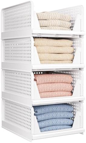 4 Pack Folding Closet Organizers Storage Box, Stackable Storage Bins, Plastic Drawer Basket Closet Storage for Wardrobe Cupboard Kitchen Bathroom Office White-4L by CTSNSLH