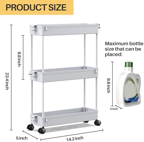 SPACEKEEPER Slim Rolling Storage Cart, 3 Tier Bathroom Cart Organizer, Gray - Image 3