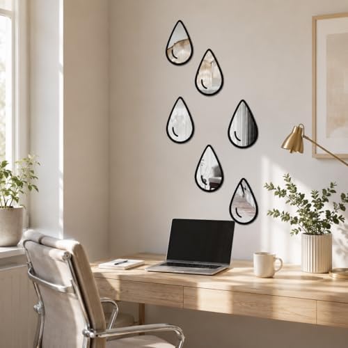 1 Set 6pcs Teardrop Mirror Wall Stickers, Self Adhesive Decorative Mirror Tiles, 5.9 x 3.5 Inch Water Drop Wall Mirror Decor for Bedroom Bathroom Living Room Entryway Modern Boho Accent - Image 4