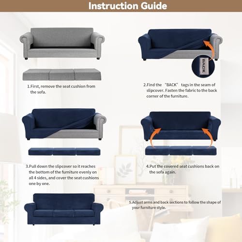 WEERRW 4 Pieces Couch Cover for Sofa Velvet Sofa Covers Washable, Navy Blue - Image 6