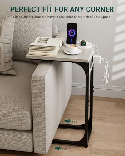 C-Shaped Side Table for Couch - Small Coffee Stand Sofa Tray Desk with Metal Frame Waterproof Scratch Resistant Wood Top and Built-in Charging Station, Greige - Image 5