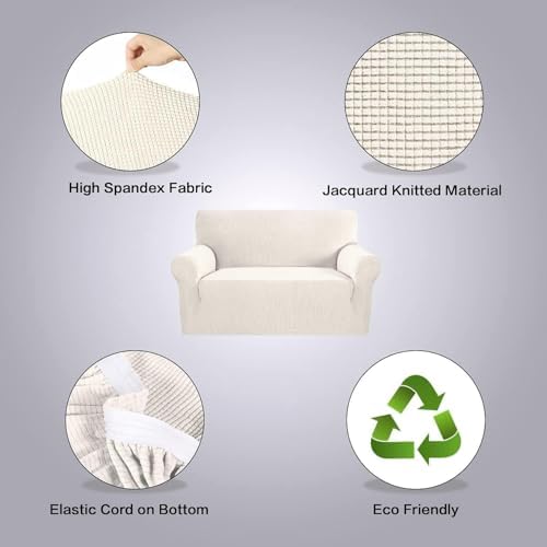 H.VERSAILTEX Stretch Couch Cover 2 Cushion Sofa Loveseat Slipcover|Sofa Cover for Love seat 1 Piece with Elastic Bottom, Textured Checked Jacquard Fabric(Loveseat 58"-70" Wide, Ivory) - Image 4