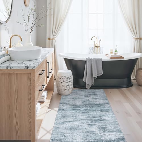 2x5 Non-Slip Washable Runner Rug – Modern Neutral Abstract Small Rug for Hallway, Kitchen, Bathroom, Bedroom, Entryway, Laundry Room – Thin Soft Low-Pile Rubber Backing (Blue Grey) - Image 3