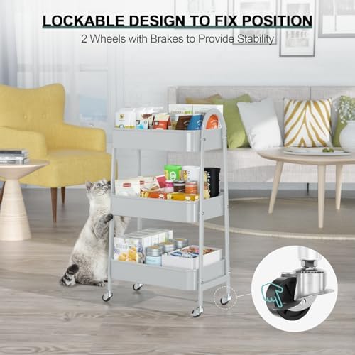 EAGMAK 3 Tier Utility Rolling Cart, Metal Storage Cart with Handle and Lockable Wheels, Multifunctional Storage Organizer Trolley with Mesh Baskets for Kitchen, Living Room, Office, Garage (Grey) - Image 5