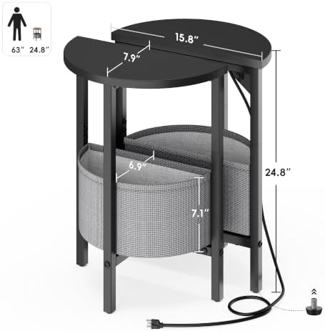 Vagusicc Round Side Table with Charging Station, Round End Table with Fabric Basket, Accent Table Coffee Table, Set of 2 Half Moon Tables, Bedside Table, Modern LED Nightstand for Living Room, Black - Image 3