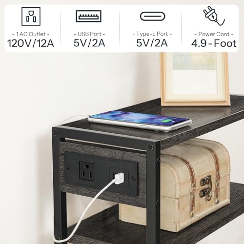 HOOBRO Small Narrow Side Table with Charging Station, Skinny End Table for Small Spaces, Slim Nightstand with USB Ports Outlet, Sofa Beside Table with Storage Shelf, Charcoal Black BC102UBZ01 - Image 7