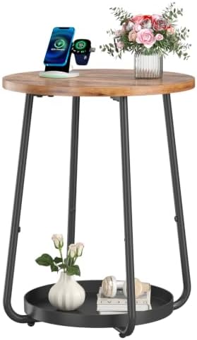 sthmec Small Round Side End Table with Storage, 2 Tier Round Bedside Sofa Couch Coffee Tables with Tray, Metal Nightstand for Small Spaces, Living Room Bedroom, Rustic Brown by Unknown