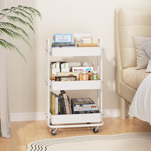 3-Tier Utility Cart with Wheels, Rolling Cart, Storage Shelves, Multi-Functional Organizer Cart for Bathroom, Office, Kitchen, White - Image 3
