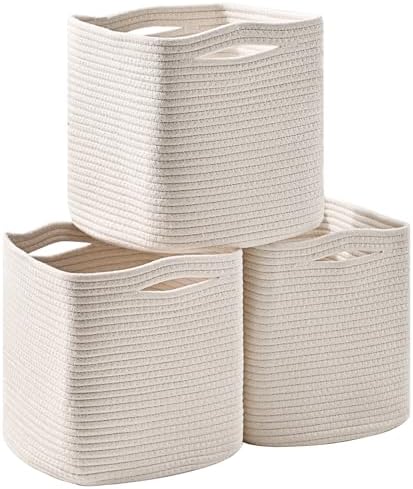 ICERZCZ 11 Inch Cube Storage Bins, Organizer Bins, Woven Cotton Rope Baskets for Storage, Storage Baskets for Organizing Shelves, White Basket for Toys, Off White (Pack of 3) by ICERZCZ