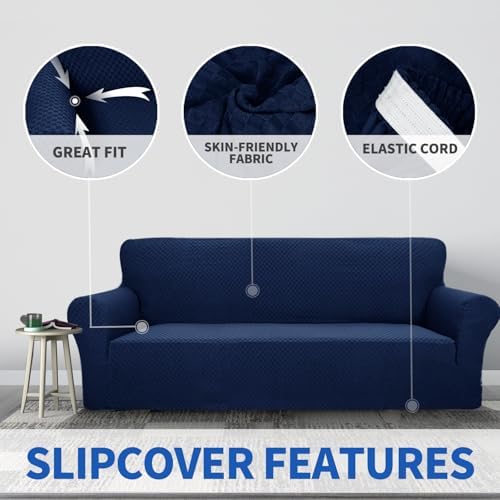 ZNSAYOTX 1 Piece Jacquard Couch Covers for 2 Cushion Couch High Stretch Loveseat Slipcover for Pets Dogs Anti Slip Love Seat Sofa Slipcover Furniture Protector (Loveseat, Navy Blue) - Image 3