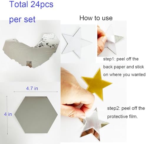 24pcs Silver Hexagon Mirror Acrylic Wall Stickers with Adhesive Art Decal Satin Paper Baby Kids Bedroom Home DIY Decor Removable Stickers (Hexagon Silver) - Image 5