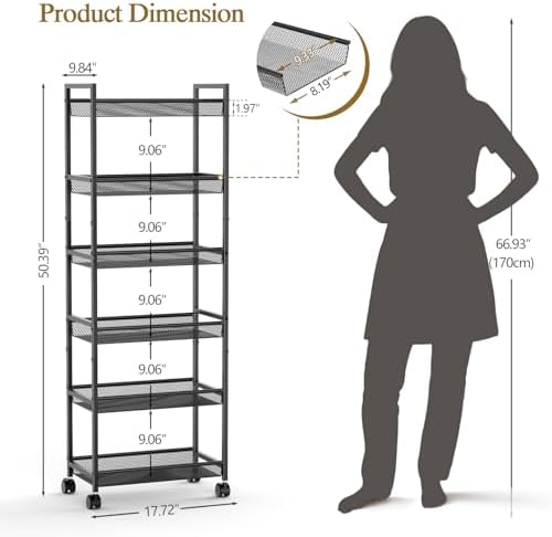 6 Tier Slim Rolling Storage Cart, Narrow Mobile Shelving Unit Organizer Utility Cart with Wheels, Metal Wire Storage Rack with Baskets for Kitchen, Bathroom, Laundry & Living Room, 10in(W) Black - Image 2