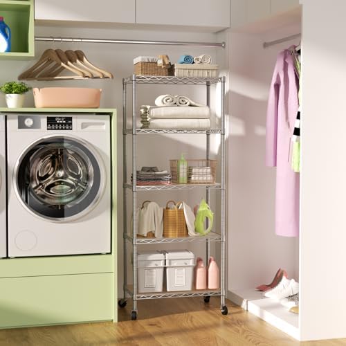 SINGAYE 5 Shelves Storage Wire Shelf Closet Metal Shelving Pantry Wheels - Image 2