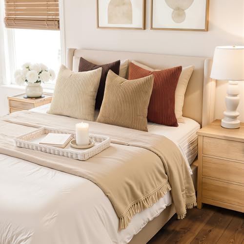 Topfinel 20x20 Decorative Pillow Covers Set of 4 Rustic Modern Soft Corduroy Striped Cushion Covers Beige Brown Gradient Farmhouse Pillow Case for Sofa Couch Living Room Bedroom - Image 4