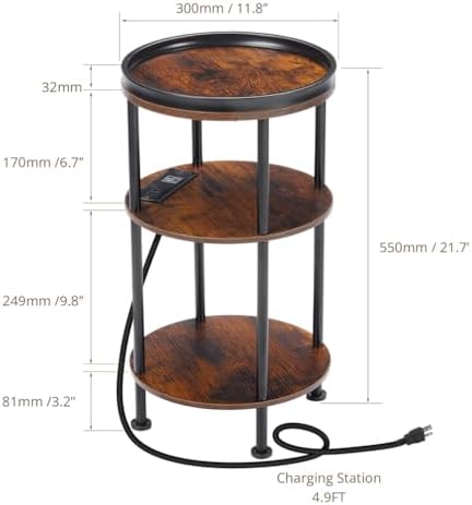 Small Round Side Table with Charging Station for Small Spaces, Rustic Brown - Image 3