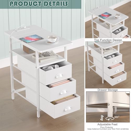 sthmec End Table with Charging Station,LED Side Tables with USB Ports and Outlets,Narrow Nightstands Bedside Tables with 3 Drawers PU Finish for Small Space,Slim Sofa Table for Livingroom,White - Image 5