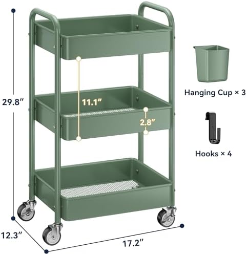 YASONIC 3-Tier Rolling Cart, Green, 66 Pounds Capacity, Mesh Storage Organizer with Lockable Wheels, 3 Hanging Cups, 4 Hooks, Easy Assembly, for Kitchen, Bathroom, Laundry, Grocery - Image 6