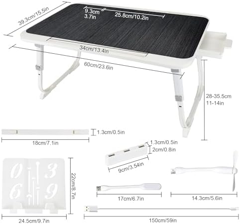 Laptop Desk for Bed, Adjustable Height Laptop Bed Table, Foldable Lap Desk with USB Charge Port, Desktop Card Slot, Side Drawer, Book Shelf, Portable Lap Tray for Eating Reading Working Sofa & Floor - Image 2