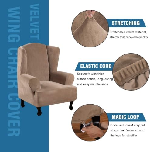 H.VERSAILTEX Wingback Chair Covers Velvet Plush Wing Chair Slipcover 1 Piece High Stretch Wing Back Chair Slipcovers Sofa Cover Furniture Cover with Elastic Bottom, Camel - Image 2