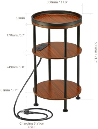 Small Round Side Table with Charging Station for Small Spaces, 3-Tier Accent Table with USB Ports & Power Outlets, Sofa Corner Tea Table for Living Room Nightstand Bedroom Apartment (USB, Cherry) - Image 3