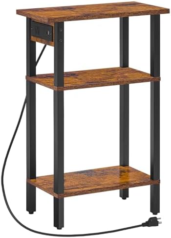 HOOBRO Narrow Side Table, 3-Tier Slim End Table with Charging Station, Skinny Nightstand with Open Storage, for Small Spaces, Living Room, Bedroom, Study, Rustic Brown and Black BF340UBZ01 by HOOBRO