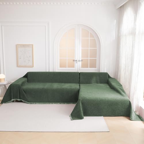 MYSKY HOME Couch Cover for Dogs, Washable Couch Covers, Non Slip Couch Sofa Cover, Couch Cover 2 Cushion Sofa Dogs Furniture Protector with Tassels Chenille Sofa Covers for Pets, 71"x118", Moss Green - Image 5