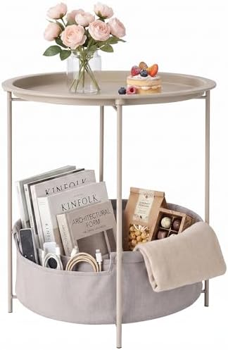 VECELO Round Side/End Table with Fabric Storage Basket，Metal Anti-Rust and Waterproof Small Bedside Nightstand with Removable Tray Top for Living Room，Balcony & Laundry，Grey /1pcs with Basket by VECELO