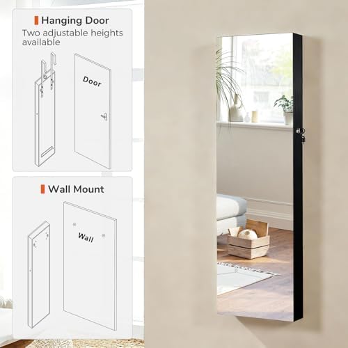 GISSAR Full Length Mirror Jewelry Cabinet, 6 LEDs Jewelry Armoire Wall Mounted Over The Door Hanging, Jewelry Organizer Storage with Lights Lockable, Black, 14.6" x 47.2" - Image 2