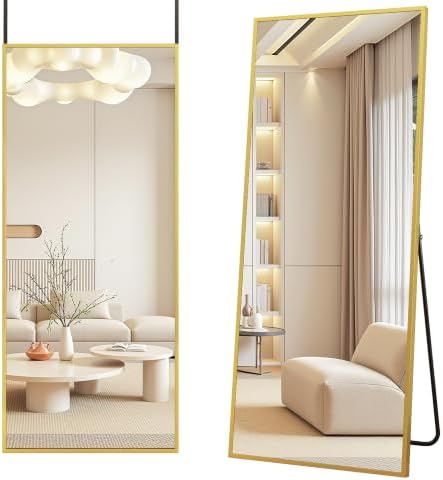 Antok Over The Door Mirror Full Length, 58'' x 21''Wall Mounted Hanging Mirror, Aluminum Alloy Frame, Shatterproof Glass, No Drill Installation for Bedroom, Closet, Bathroom, Dorm, Rect Corner,Gold - Image 2