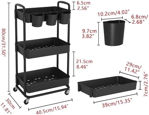 JIUYOTREE 3-Tier Plastic Rolling Storage Cart Utility Cart Black - Image 2