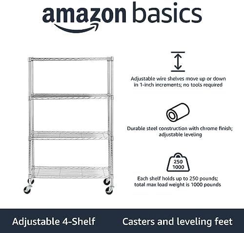 Amazon Basics 4-Shelf Adjustable Heavy Duty Storage Shelving Unit with Wheels, No-Tool Easy Assembly, Garage Shelving, Metal Wire Rack with Casters and Leveling Feet, 36" x 14" x 57.8", Chrome - Image 3