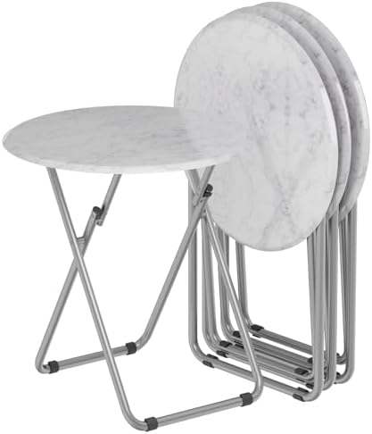 TV Trays Table Set of 4 Round Portable Folding TV Tray Table TV Dinner Tray with Sturdy MDF, No Assembly Required, 17.5 x 17.5 x 26 in (White Marble, 4Pcs) by Fleecy+day