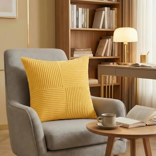 Fancy Homi 2 Packs Yellow Euro Decorative Throw Pillow Covers 26x26 Inch for Couch Bed Sofa, Rustic Farmhouse Boho Home Decor, Soft Corss Corduroy Patchwork Textured Square Cushion Case 66x66 cm - Image 2