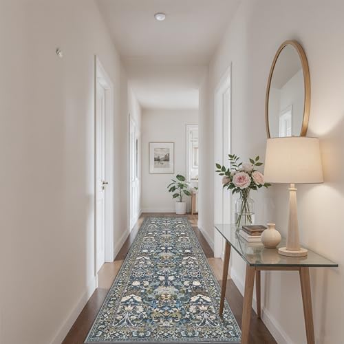 Hallway 3x10 Washable Runner Rug: Kitchen Rugs Entryway Area Rugs Vintage Soft Floor Mat Non Slip Indoor Farmhouse Carpet for Bathroom Living Room Bedroom Printed Rug for Family(3x10 Floral/Blue) - Image 4