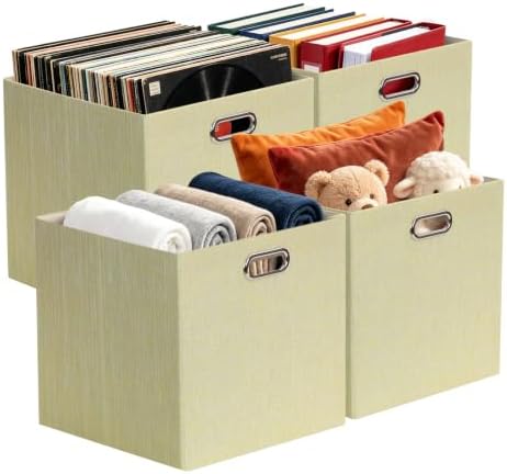 Posprica Storage Cubes, 13 x 13 x 13 Inches Fabric Bins with Double Handles，Cubes Basket Containers, For Shelf Cabinet Bookcase, Closet Organizers for Shelves, Foldable-Set of 4, Yellow/Beige mixed by Posprica