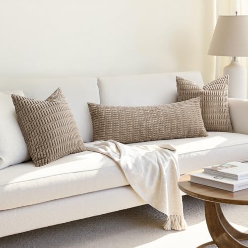 MIULEE Lumbar Corduroy Throw Pillow Cover for Bed 14x36 Light Brown - Image 4