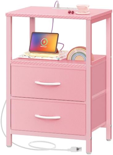 Huuger Nightstand with Charging Station, Side Table with Fabric Drawers by Huuger